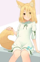 Rule 34 | 1girl, animal ear fluff, animal ears, arm support, blonde hair, blush, breasts, closed mouth, commentary, cork, corked bottle, cowboy shot, eyes visible through hair, fox ears, fox girl, fox tail, green neckwear, green ribbon, hair between eyes, hand up, highres, holding, holding test tube, kanpa (campagne 9), knees together feet apart, kudamaki tsukasa, light smile, long bangs, looking at viewer, medium hair, ribbon, romper, short sleeves, sitting, sleeve ribbon, small breasts, solo, tail, test tube, touhou, yellow eyes