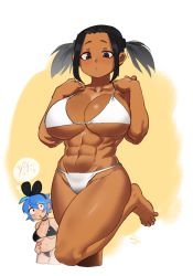 Rule 34 | 2girls, abs, arung samudra (cessa), barefoot, bikini, black bikini, black hair, blue hair, borrowed character, breasts, cleavage, dark-skinned female, dark skin, dif (difman), difman, hairband, highres, large breasts, multiple girls, muscular, muscular female, navel, ombok diving and delivery services, original, short twintails, standing, standing on one leg, swimsuit, thighs, twintails, white bikini