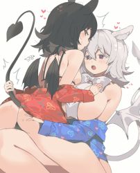 Rule 34 | 2girls, ^^^, animal ears, bare legs, black bra, black hair, black panties, bow, bowtie, bra, breast curtains, breasts, brown eyes, commentary, commission, demon tail, demon wings, frottage, gogoco, hand on another&#039;s ass, heart, highres, huge breasts, light blush, long sleeves, looking back, medium hair, multiple girls, no pants, off shoulder, open mouth, original, panties, purple eyes, red shirt, shirt, simple background, small breasts, straddling, sweat, tail, tail pull, teeth, thigh straddling, underwear, upper teeth only, upright straddle, white background, white hair, wings, yuri