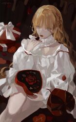 Rule 34 | 1girl, blonde hair, blue eyes, box, candy, chocolate, chocolate heart, dress, facial mark, flower, food, heart, heart-shaped box, heart facial mark, highres, long hair, looking at viewer, original, petals, qluyi, red flower, red lips, red nails, red rose, rose, solo, white dress