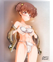 Rule 34 | 1girl, alisa (girls und panzer), blush, breasts, brown eyes, brown hair, cameltoe, cleft of venus, closed mouth, collarbone, freckles, fundoshi, girls und panzer, groin, hair ornament, highres, japanese clothes, megadeko, navel, pussy juice, sarashi, short hair, short twintails, small breasts, solo, standing, star (symbol), star hair ornament, sweat, twintails
