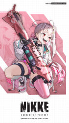 Rule 34 | 1girl, choker, goddess of victory: nikke, grid background, gun, highres, jackal (nikke), long tongue, official art, red eyes, rocket launcher, side ponytail, solo, thigh strap, tongue, tongue out, weapon
