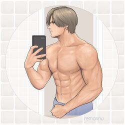 Rule 34 | 1boy, abs, artist name, blonde hair, cellphone, holding, holding phone, leon s. kennedy, male focus, muscular, muscular male, navel, phone, remonnu u, resident evil, short hair, smartphone, solo, stomach, topless male, towel around waist
