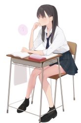 Rule 34 | ..., 1girl, ama mitsuki, black footwear, black hair, black socks, blue necktie, book, brown hair, chair, closed mouth, collared shirt, commentary request, desk, expressionless, from side, full body, green skirt, hand up, highres, knees together feet apart, long hair, looking afar, necktie, on chair, open book, original, school chair, school desk, school uniform, shirt, shirt tucked in, shoes, simple background, skirt, socks, solo, speech bubble, white background, white shirt