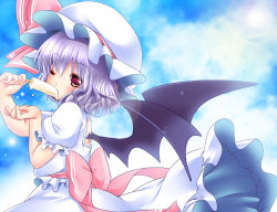 Rule 34 | 1girl, bad id, bad pixiv id, bat wings, blue hair, blue sky, cloud, day, dripping, eating, female focus, food, hat, ice cream, irori, popsicle, purple eyes, remilia scarlet, sexually suggestive, shirt, skirt, skirt set, sky, solo, touhou, wings