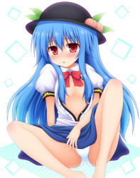 Rule 34 | 1girl, blue hair, blush, breasts, food, fruit, hair censor, hat, hinanawi tenshi, long hair, midriff, nagana sayui, navel, open clothes, open shirt, panties, pantyshot, peach, puffy short sleeves, puffy sleeves, red eyes, revision, shirt, short sleeves, sitting, skirt, small breasts, smile, solo, spread legs, tongue, tongue out, touhou, underwear, upskirt, very long hair, white panties