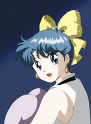 Rule 34 | 1980s (style), 1girl, bad id, bad pixiv id, blue eyes, blue hair, bow, earrings, elbow gloves, gloves, highres, jewelry, kazuki mai, lipstick, magical emi, magical girl, mahou no star magical emi, makeup, oldschool, open mouth, pantyhose, purple pantyhose, retro artstyle, short hair, solo, toshinobu40, yellow bow