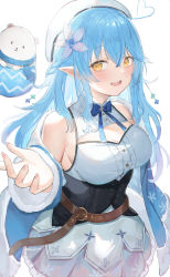 Rule 34 | 1girl, absurdres, ahoge, artist name, belt, beret, blue bow, blue bowtie, blue hair, blue jacket, blue scarf, bow, bowtie, braid, breasts, brown belt, cleavage cutout, clothing cutout, commentary request, corset, daifuku (yukihana lamy), dress, elf, flower, gurina, hair between eyes, hair flower, hair ornament, hand up, hat, heart, heart ahoge, highres, hololive, jacket, long hair, long sleeves, looking at viewer, medium breasts, off shoulder, open mouth, pointy ears, scarf, simple background, sleeveless, sleeveless dress, sleeves past wrists, smile, solo, standing, teeth, upper teeth only, virtual youtuber, white background, white dress, white flower, yukihana lamy