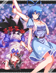Rule 34 | 2girls, absurdres, arrow (symbol), bad id, belt, black hair, black nails, blue background, blue dress, blue eyes, blue hair, blue nails, bracelet, breasts, cleavage, collaboration, cone horns, dress, drill hair, fang, flat chest, floral background, floral print, flower, gradient background, grey horns, hagoromo, hair ornament, hair stick, hand on own chest, high heel sandals, high heels, highres, horns, interlocked fingers, jewelry, kaku seiga, kijin seija, koissa, lace, lace-trimmed dress, lace trim, large breasts, leg up, letterboxed, multicolored hair, multiple girls, nail polish, open clothes, open vest, patterned background, puffy short sleeves, puffy sleeves, purple background, red eyes, red hair, ribbon-trimmed dress, sandals, shawl, sheya, shiny skin, short dress, short hair, short sleeves, toenail polish, toenails, tongue, tongue out, touhou, two-tone hair, upside-down, vest, white dress, white hair, white vest