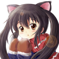 Rule 34 | 00s, 1girl, animal ears, bad id, bad pixiv id, black hair, brown eyes, cat ears, daiso, k-on!, lens flare, long hair, looking at viewer, mittens, nakano azusa, red scarf, scarf, simple background, solo, twintails, upper body, white background
