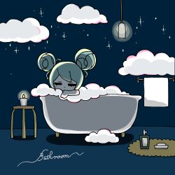 Rule 34 | 1girl, alternate hairstyle, bath, bathtub, blue background, bubble bath, candle, ceiling light, closed eyes, cloud, commentary, double bun, english text, facing viewer, hair bun, hatsune miku, highres, nano 393, sky, soap dispenser, solo, star (sky), starry sky, surreal, symbol-only commentary, towel, towel rack, vocaloid