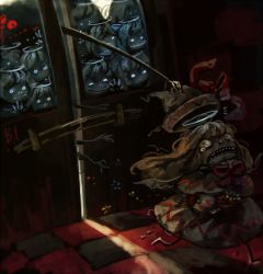 Rule 34 | against glass, barricade, cirno, creepy, door, fairy, flower, grabbing, hat, unworn hat, unworn headwear, koto inari, lily black, lily white, open mouth, red eyes, shaun of the dead, tears, tile floor, tiles, touhou, zombie, zombie fairy (touhou)