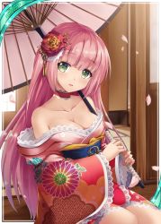 Rule 34 | 1girl, age progression, akkijin, bare shoulders, breasts, card (medium), cherry blossoms, floral print, flower, green eyes, hair flower, hair ornament, holding, holding umbrella, indoors, japanese clothes, kimono, medium breasts, official art, oil-paper umbrella, pink hair, pink umbrella, print kimono, seiza, shinkai no valkyrie, sitting, solo, umbrella