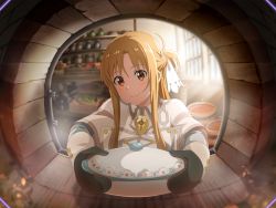 Rule 34 | 1girl, asuna (sao), blonde hair, blush, braid, brown eyes, casserole, chef, closed mouth, french braid, game cg, hair between eyes, half updo, long hair, long sleeves, mittens, smile, solo, sunlight, sword art online, sword art online: alicization, sword art online: alicization rising steel, sword art online: unleashed blading, upper body