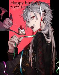 Rule 34 | 1boy, akami mgr, black background, black jacket, buta (kuzuha), buttons, cake, commentary request, confetti, cross, cross-laced clothes, cross earrings, dated, ear piercing, earrings, eyelashes, fangs, fingernails, flying sweatdrops, food, food on face, fork, gold trim, grey hair, hair between eyes, hand up, happy birthday, highres, holding, holding fork, jacket, jewelry, kuzuha (nijisanji), long fingernails, long hair, long sleeves, looking at viewer, looking to the side, male focus, mole, mole under eye, multicolored background, multiple rings, nail polish, nijisanji, open mouth, parted bangs, piercing, pig, pointy ears, red background, red eyes, red nails, ring, sharp fingernails, sitting, solo, streamers, teeth, tongue, upper body, virtual youtuber, wings