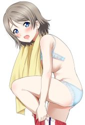 Rule 34 | 10s, 1girl, blue bra, blue eyes, blue panties, blush, bra, breasts, clothes pull, dressing, from side, highres, leg up, light brown hair, love live!, love live! sunshine!!, medium breasts, open bra, open mouth, panties, pants, pants pull, sankuro (agoitei), short hair, sideboob, simple background, solo, thighs, underwear, underwear only, watanabe you, white background