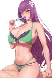 Rule 34 | 1boy, 1girl, bad source, blush, breasts, cleavage, collarbone, fate/grand order, fate (series), food, fujimaru ritsuka (male), girl on top, hair ornament, highres, holding, holding food, holding popsicle, implied sex, large breasts, long hair, lvl (sentrythe2310), lying, navel, on back, open mouth, popsicle, purple hair, scathach (fate), scathach skadi (fate), scathach skadi (swimsuit ruler) (fate), scathach skadi (swimsuit ruler) (final ascension) (fate), simple background, solo focus, underboob, white background
