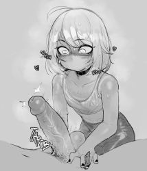 Rule 34 | 2boys, ahoge, blush, choker, collarbone, commentary, condom, condom wrapper, crop top, english commentary, english text, erection, greyscale, heart, highres, holding, holding condom, joey (krekkov), krekkov, male focus, mask, monochrome, mouth mask, multiple boys, nail polish, original, penis, penis awe, simple background, solo focus, sweat, tan, tanline, testicles, trap, uncensored, veins, veiny penis, yaoi