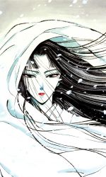 Rule 34 | 1girl, absurdres, black hair, clamp, colored skin, highres, japanese clothes, kimono, lipstick, long hair, looking at viewer, makeup, official art, princess, shirahime, shirahime sho, snow, solo, white skin, white theme, wind, yuki onna