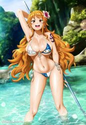 Rule 34 | 1girl, bikini, breasts, cleavage, earrings, flower, hair flower, hair ornament, highres, jewelry, large breasts, long hair, looking at viewer, nami (one piece), navel, one piece, orange hair, smile, swimsuit, underboob, water