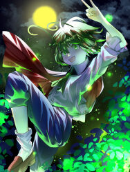 Rule 34 | 1girl, :d, absurdres, androgynous, antennae, black cape, blue shorts, bush, cape, cloud, commentary request, foot out of frame, full moon, green eyes, green hair, highres, loafers, looking at viewer, moon, night, open mouth, outdoors, red cape, red footwear, shirt, shoes, short hair, short sleeves, shorts, smile, socks, solo, touhou, two-sided cape, two-sided fabric, white shirt, white socks, wriggle nightbug, yomatsuri (festival night)