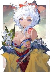 Rule 34 | 1girl, absurdres, animal ears, bare shoulders, breasts, cleavage, dress, highres, holding, japanese clothes, large breasts, looking at viewer, messikid, nail polish, off-shoulder dress, off shoulder, original, purple eyes, short hair, smile, solo, upper body, white hair