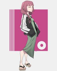 1girl absurdres bocchi_the_rock! closed_eyes dress full_body green_dress hands_in_pockets highres hiroi_kikuri jacket limn044 open_clothes open_jacket purple_hair solo