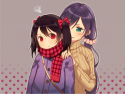 Rule 34 | 10s, 2girls, :d, black hair, bow, coat, green eyes, hair bow, hair ribbon, kitada mo, long hair, love live!, love live! school idol festival, love live! school idol project, multiple girls, open mouth, purple hair, red eyes, ribbed sweater, ribbon, scarf, smile, sweat, sweater, tojo nozomi, twintails, winter clothes, winter coat, yazawa nico