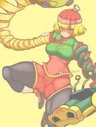 Rule 34 | 1girl, :3, arms (game), asdfcobi, black legwear, blonde hair, blunt bangs, bob cut, cameltoe, chinese clothes, closed mouth, domino mask, green eyes, hat, highres, looking at viewer, mask, min min (arms), shoes, short hair, short sleeves, shorts, simple background, smile, sneakers, solo, spread legs, yellow background