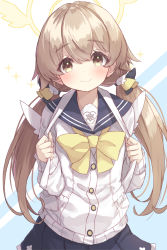 Rule 34 | 1girl, bag, blue archive, blush, commentary request, hair ornament, halo, hifumi (blue archive), highres, light brown hair, long hair, low twintails, miimu (nelreg3), ribbon, school uniform, simple background, smile, solo, twintails, white background, yellow eyes