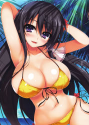 Rule 34 | 1girl, absurdres, armpits, arms up, bare shoulders, beach, bikini, black hair, blue sky, blush, breasts, cleavage, collarbone, comic potpourri club, day, female focus, flower, front-tie top, hair flower, hair ornament, hair ribbon, highres, huge breasts, large breasts, leaf, long hair, looking at viewer, navel, ocean, open mouth, outdoors, outstretched arms, palm tree, purple eyes, purple hair, ribbon, shiny skin, side-tie bikini bottom, sky, smile, solo, string bikini, swimsuit, tomose shunsaku, tree, underboob, water, yellow bikini