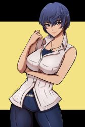 Rule 34 | 1girl, blue hair, grey eyes, hair between eyes, highres, jewelry, looking at viewer, necklace, omiza somi, persona, persona 4, shirogane naoto, shirt, short hair, signature, simple background, solo, white shirt
