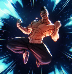 Rule 34 | 1boy, abs, black hair, blank eyes, full body, grin, jujutsu kaisen, large pectorals, male focus, midair, muscular, muscular male, pectorals, scar, scar across eye, short hair, shredded muscles, sideburns, smile, solo, star (symbol), starry background, topless male, toudou aoi (jujutsu kaisen), v-taper, xvx cooldude69 xvx