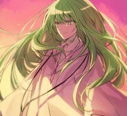 Rule 34 | 1other, androgynous, closed mouth, collarbone, commentary request, enkidu (fate), fate/strange fake, fate (series), green eyes, green hair, hair between eyes, half-closed eyes, jewelry, kan&#039;yu (citron 82), light smile, long hair, long sleeves, looking afar, looking away, necklace, orange sky, outdoors, raised eyebrows, robe, sky, solo, sunlight, sunset, upper body, very long hair, white robe