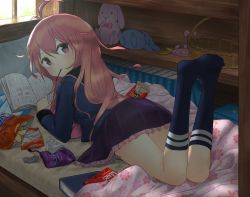 Rule 34 | 10s, 1girl, antenna hair, bad id, bad pixiv id, bag, basket, blanket, blouse, blue socks, blush, book, bookshelf, chips (food), cleazul, floral print, food, frilled skirt, frills, from behind, highres, indoors, kantai collection, kneehighs, legs up, long hair, looking at viewer, looking back, lying, manga (object), mouth hold, no shoes, on bed, on stomach, open book, pillow, pink eyes, pink hair, pocky, potato chips, purple skirt, shirt, skirt, socks, solo, stuffed animal, stuffed rabbit, stuffed toy, uzuki (kancolle), window