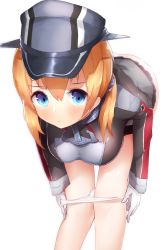 Rule 34 | 10s, 1girl, anchor hair ornament, ass, bad id, bad pixiv id, blonde hair, blue eyes, blush, boruhis, breasts, cross, gloves, hair ornament, hanging breasts, hat, iron cross, kantai collection, large breasts, leaning forward, long sleeves, looking at viewer, low twintails, military, military uniform, miniskirt, panties, panty pull, peaked cap, prinz eugen (kancolle), simple background, skirt, solo, twintails, underwear, uniform, white background, white gloves, white panties