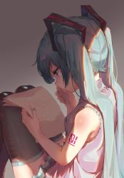 Rule 34 | 1girl, aqua eyes, aqua hair, bare shoulders, black thighhighs, blouse, covering own mouth, from side, gradient background, grey background, grey shirt, hair ornament, hand over own mouth, hatsune miku, holding, holding paper, knees up, legs together, long hair, miniskirt, nail polish, nejikyuu, number tattoo, paper, reading, shirt, shoulder tattoo, sitting, skirt, sleeveless, sleeveless shirt, solo, tattoo, thighhighs, twintails, very long hair, vocaloid