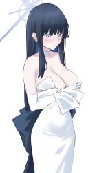 Rule 34 | 1girl, absurdres, bare shoulders, blue archive, blue hair, blunt bangs, blush, breasts, choker, cleavage, commentary request, dress, elbow gloves, gloves, grey eyes, highres, large breasts, long hair, okuma707, saori (blue archive), simple background, solo, strapless, strapless dress, very long hair, white background, white choker, white dress, white gloves