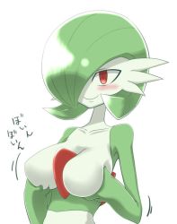 Rule 34 | 1girl, artist request, blush, breasts, creatures (company), game freak, gardevoir, gen 3 pokemon, green hair, hair over one eye, large breasts, nintendo, pokemon, pokemon (creature), red eyes, short hair, simple background, smile, solo, white background