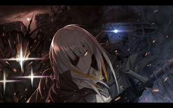 Rule 34 | 1girl, assault rifle, black jacket, cero (last2stage), closed mouth, eyepatch, girls&#039; frontline, gun, highres, holding, holding weapon, jacket, letterboxed, long hair, looking at viewer, m16, m16a1, m16a1 (boss) (girls&#039; frontline), m16a1 (girls&#039; frontline), mole, mole under eye, multicolored hair, open clothes, open jacket, rifle, shirt, silver hair, solo, weapon, white shirt, yellow eyes