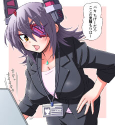 Rule 34 | alternate color, black jacket, black skirt, breasts, cleavage, commentary request, cowboy shot, eyepatch, formal, headgear, id card, jacket, kantai collection, large breasts, leaning forward, medium hair, office lady, open mouth, pencil skirt, purple hair, shin (shin k009), skirt, skirt suit, suit, suit jacket, tenryuu (kancolle), translation request, yellow eyes