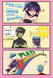 Rule 34 | 1girl, 2boys, 2d (gorillaz), angry, colored skin, comic, cross, cross necklace, cyborg noodle, gorillaz, green skin, hat, heart, inverted cross, jewelry, multiple boys, murdoc niccals, necklace, punching, rainbow, violence
