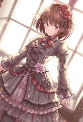 Rule 34 | 1girl, beads, bow, brown hair, closed mouth, dress, flower, frown, gothic lolita, hair bow, hair flower, hair ornament, hirokazu (analysis-depth), juliet sleeves, lace sleeves, light particles, lolita fashion, long sleeves, original, pink flower, puffy sleeves, red bow, red eyes, red ribbon, ribbon, rose, sleeves past wrists, striped ribbon, window, windowsill
