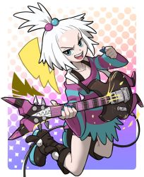 Rule 34 | 1girl, bass guitar, bike shorts, blue eyes, boots, bra strap, creatures (company), dress, forehead, freckles, game freak, gym leader, hair bobbles, hair ornament, instrument, lightning bolt symbol, looking at viewer, nintendo, pokemon, pokemon bw2, roxie (pokemon), solo, sparkle, strapless, strapless dress, striped clothes, striped dress, ta-na (tana351), white hair