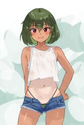 1girl bare_shoulders bikini blush c_(theta) cameltoe camisole closed_mouth commentary_request cowboy_shot denim denim_shorts g-string green_background green_bikini green_hair highleg highleg_bikini highres idolmaster idolmaster_million_live! looking_at_viewer nagayoshi_subaru navel one-piece_tan red_eyes short_hair shorts smile solo standing stomach swimsuit tan tanline thong thong_bikini tomboy white_camisole