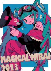 Rule 34 | 1girl, 39, :q, aqua eyes, aqua hair, artist name, bare shoulders, black jacket, blue background, blunt bangs, border, chain, chain necklace, closed mouth, commentary, detached hair, down jacket, ear piercing, film grain, goggles, goggles on head, hatsune miku, highres, holding, holding megaphone, invisible chair, jacket, jewelry, lightning bolt symbol, limited palette, long hair, long sleeves, looking at viewer, magical mirai (vocaloid), magical mirai miku, magical mirai miku (2023), megaphone, menma (enaic31), multicolored eyes, necklace, number tattoo, off shoulder, outside border, pants, piercing, pink eyes, pink hair, pink nails, pink pants, ring hair ornament, shoulder tattoo, simple background, sitting, smile, solo, spiked ear piercing, sticker, symbol-only commentary, tattoo, tongue, tongue out, turtleneck, twintails, twitter username, two-sided fabric, two-sided jacket, two-tone eyes, vocaloid, white border