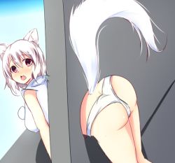Rule 34 | 1girl, animal ears, ass, bare arms, bare shoulders, blush, breasts, butt crack, d:, hole in wall, inubashiri momiji, looking at viewer, merxkialis, open mouth, panties, pink eyes, pink hair, red eyes, short hair, solo, stuck, tail, thighs, through wall, touhou, underwear, white hair, white panties, wolf ears, wolf tail