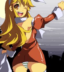 Rule 34 | 1girl, arm up, bare shoulders, blonde hair, bow, breasts, brown eyes, calamity jane, detached sleeves, dress, drill hair, enoo, from behind, fur trim, hair ribbon, hairband, jaggy lines, long hair, long sleeves, looking away, lowres, microdress, oekaki, open mouth, orange dress, outstretched arm, panties, ribbon, sidelocks, smile, solo, underwear, wild arms, wild arms 1