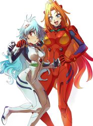 Rule 34 | 2girls, :o, araizumi rui (style), ayanami rei, blue eyes, bodysuit, breasts, fusion, gloves, hand on another&#039;s shoulder, hand on own hip, hayashibara megumi, head tilt, highres, ichi orgin, interface headset, kawamura maria, large breasts, lina inverse, long hair, looking at viewer, looking to the side, multiple girls, naga the serpent, neon genesis evangelion, open mouth, orange hair, pilot suit, plugsuit, red eyes, red gloves, slayers, small breasts, smile, souryuu asuka langley, very long hair, voice actor connection, white bodysuit, white gloves