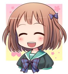 Rule 34 | 1girl, breasts, brown hair, chibi, closed eyes, hataraku maou-sama!, highres, large breasts, nouhoe, noumiso hoehoe, open mouth, ribbon, sasaki chiho, school uniform, short hair, short twintails, smile, solo, twintails, two side up